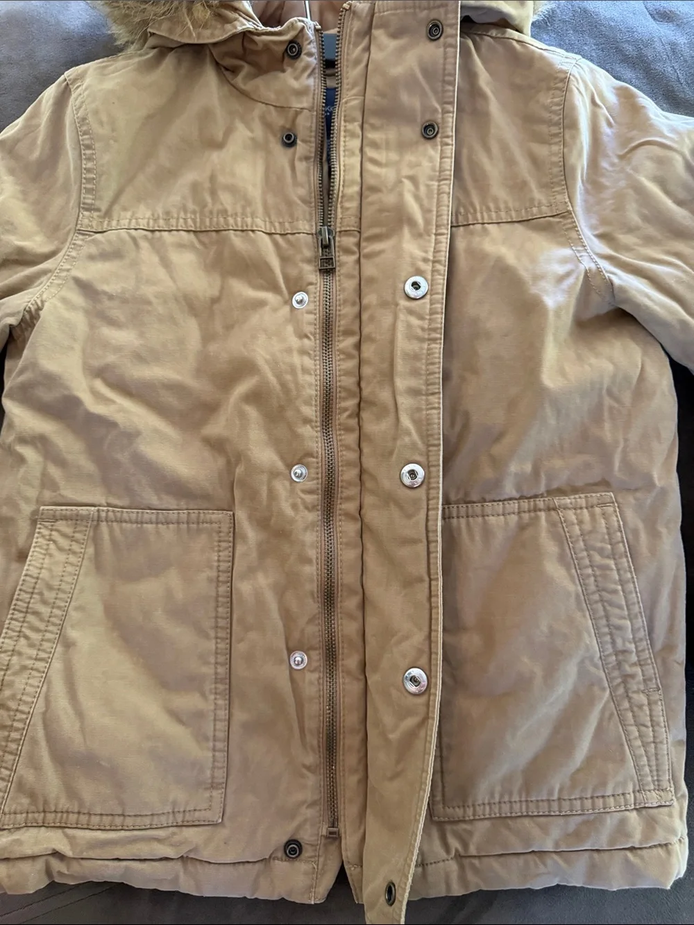 GAP Kids Hooded Puffer Jacket with Faux-Fur Trim in Tan